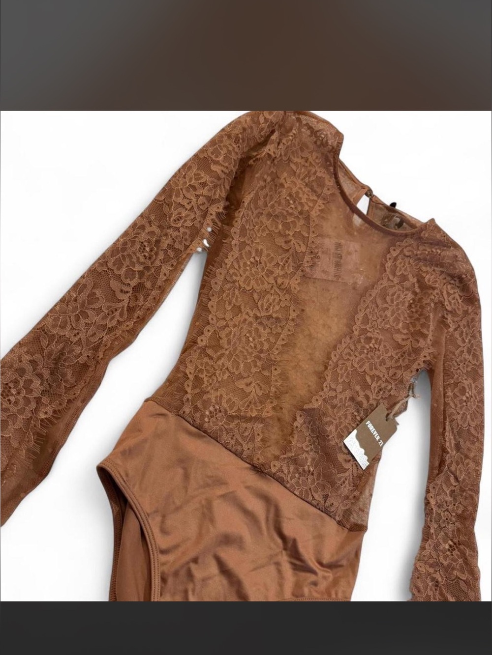 Forever 21 Tan Lace Long Sleeve Bodysuit